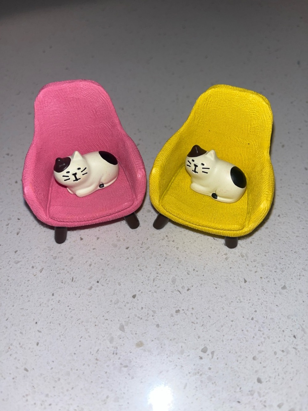 Mini Cat Figurines on Pink and Yellow Chairs